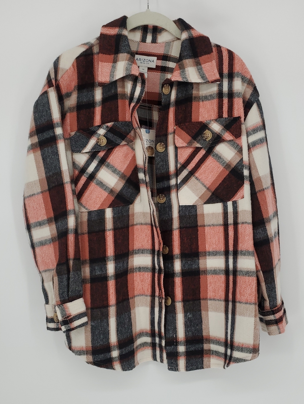 Arizona Plaid Button-Down Shirt Jacket Shacket in Coral, Black & Cream